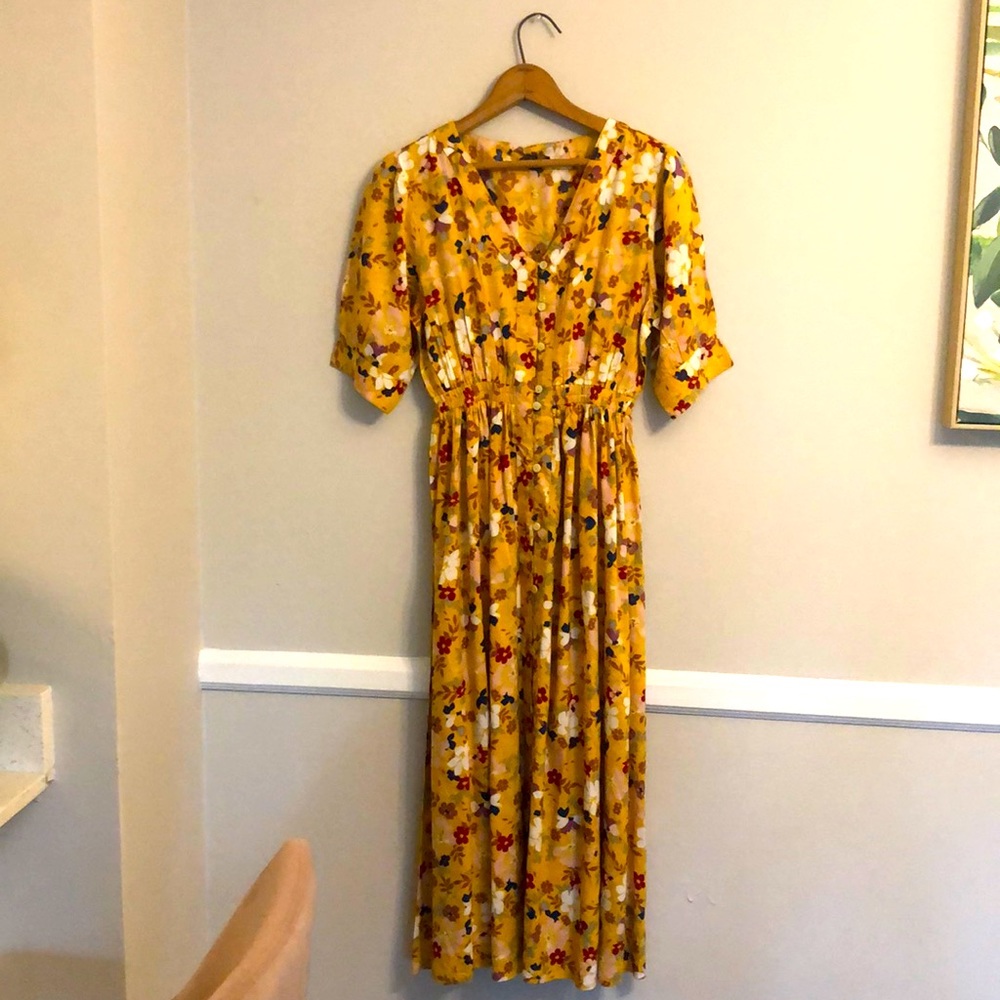 Boho Flower Mustard Button Down Dress